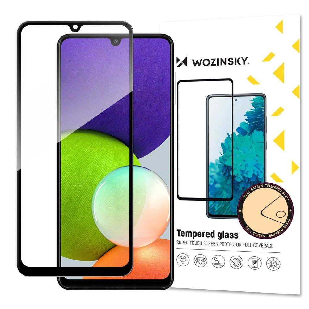 Wozinsky Apsauginis stiklas Full Glue Super Tough ekrano apsauga Full Coveraged su rėmeliu Case Friendly Samsung Galaxy A22 4G juodos spalvos