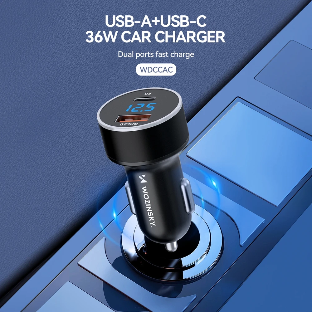 Įkroviklis automobilinis Wozinsky (WDCCAC) (1xUSB 1xUSB-C 3A) 36W juodas