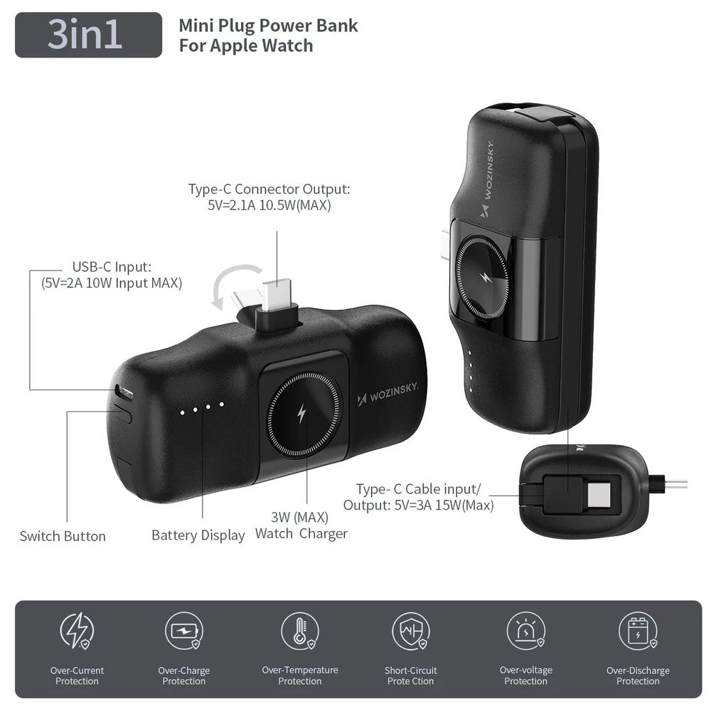 Išorinė baterija POWER BANK Wozinsky (WF16-YCS) USB-C + Apple Watch Charger 5000mAh (20W) juoda