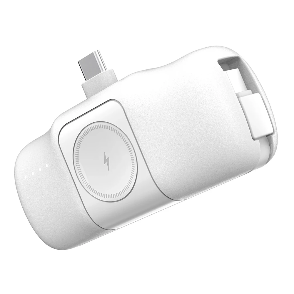 Wozinsky WF16-YCS 5000mAh 15W USB-C mini išorinė baterija su įmontuotu USB-C kabeliu ir „Apple Watch“ įkrovikliu – baltos spalvos