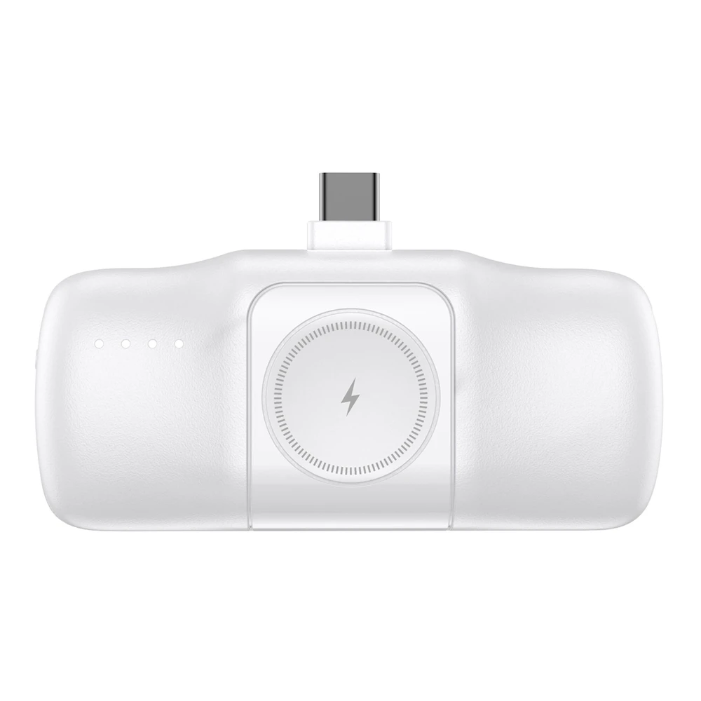 Wozinsky WF16-YCS 5000mAh 15W USB-C mini išorinė baterija su įmontuotu USB-C kabeliu ir „Apple Watch“ įkrovikliu – baltos spalvos