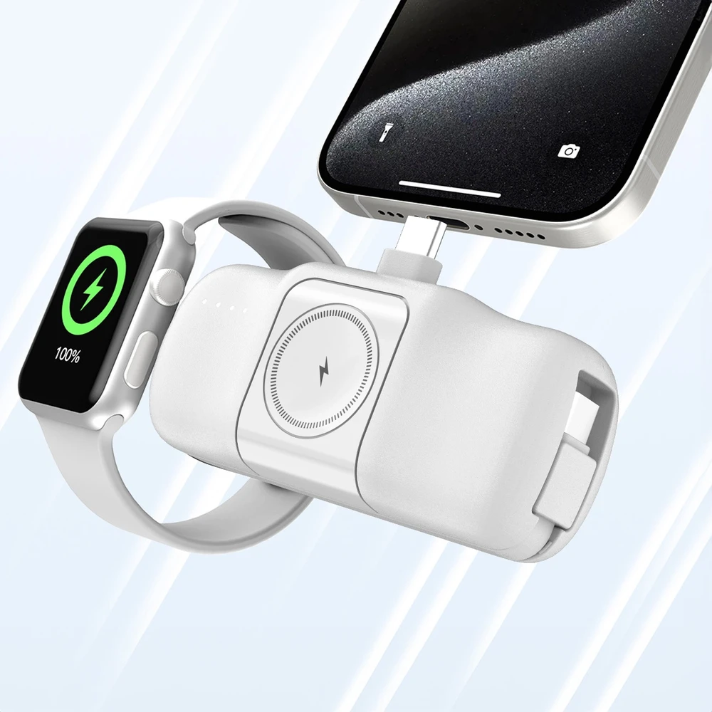 Wozinsky WF16-YCS 5000mAh 15W USB-C mini išorinė baterija su įmontuotu USB-C kabeliu ir „Apple Watch“ įkrovikliu – baltos spalvos