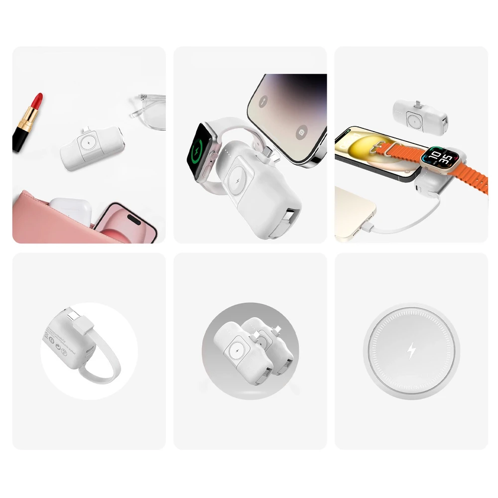 Wozinsky WF16-YCS 5000mAh 15W USB-C mini išorinė baterija su įmontuotu USB-C kabeliu ir „Apple Watch“ įkrovikliu – baltos spalvos