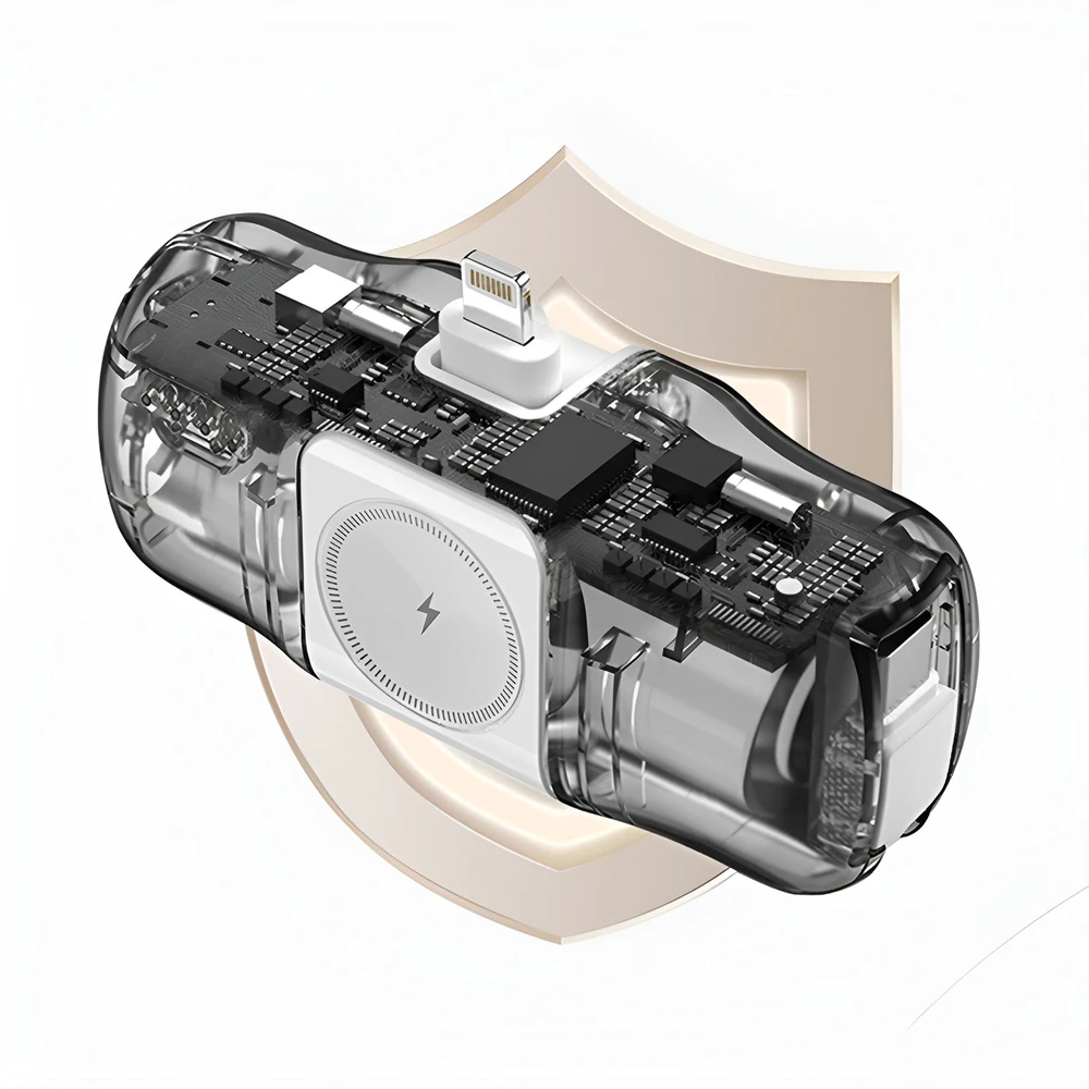 Wozinsky WF16-YCS 5000mAh 15W USB-C mini išorinė baterija su įmontuotu USB-C kabeliu ir „Apple Watch“ įkrovikliu – baltos spalvos