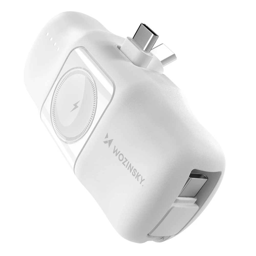 Wozinsky WF16-YCS 5000mAh 15W USB-C mini išorinė baterija su įmontuotu USB-C kabeliu ir „Apple Watch“ įkrovikliu – baltos spalvos