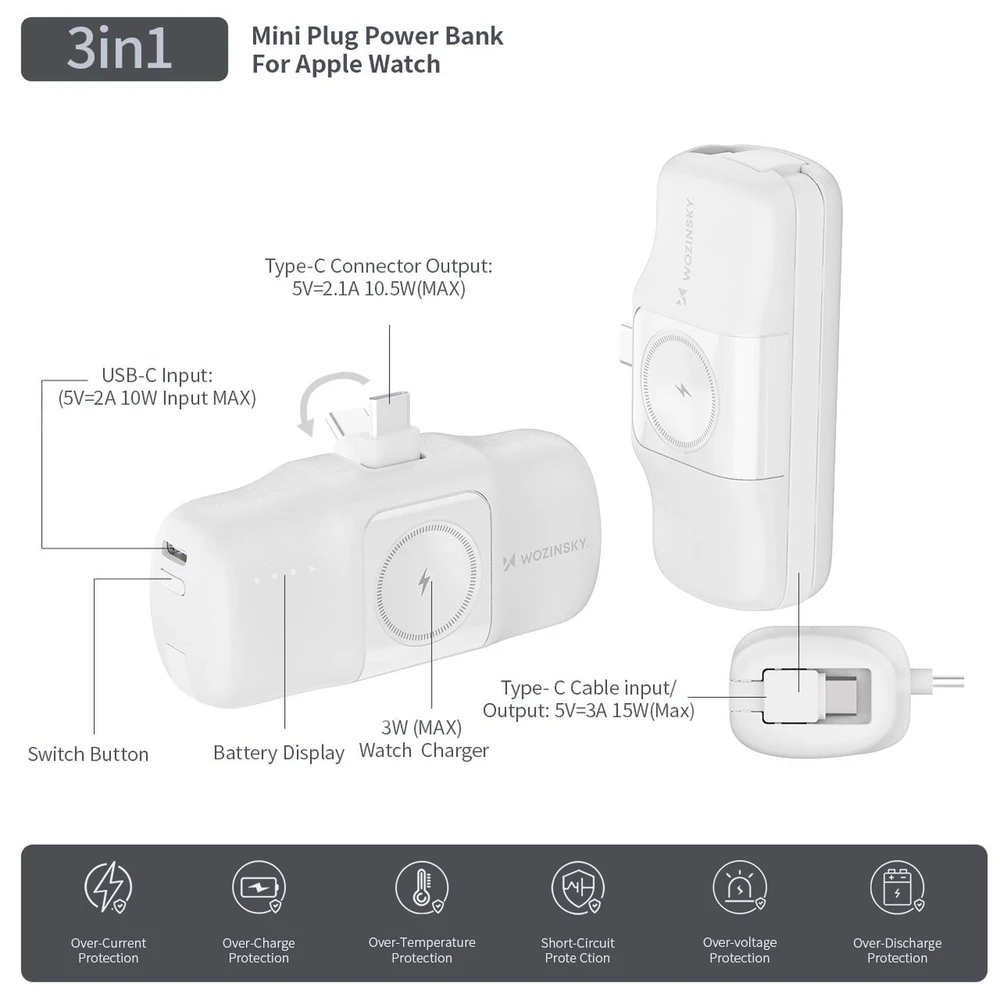 Wozinsky WF16-YCS 5000mAh 15W USB-C mini išorinė baterija su įmontuotu USB-C kabeliu ir „Apple Watch“ įkrovikliu – baltos spalvos