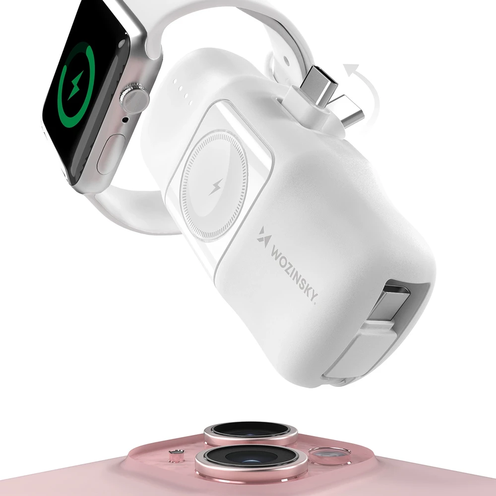 Wozinsky WF16-YCS 5000mAh 15W USB-C mini išorinė baterija su įmontuotu USB-C kabeliu ir „Apple Watch“ įkrovikliu – baltos spalvos