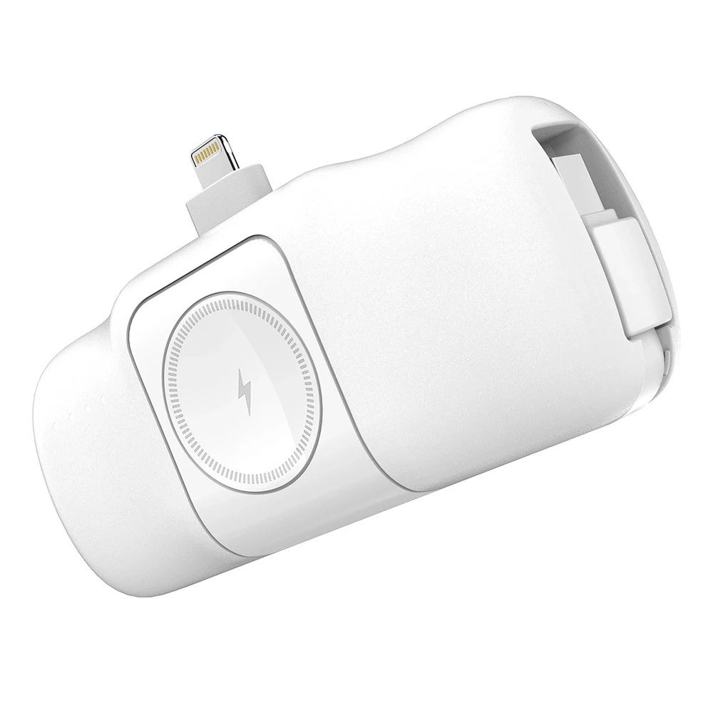 Wozinsky WF16-YLS 5000mAh 15W „Lightning“ mini išorinė baterija su įmontuotu USB-C kabeliu ir „Apple Watch“ įkrovikliu – baltos spalvos