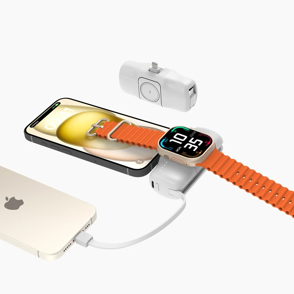 Wozinsky WF16-YLS 5000mAh 15W „Lightning“ mini išorinė baterija su įmontuotu USB-C kabeliu ir „Apple Watch“ įkrovikliu – baltos spalvos