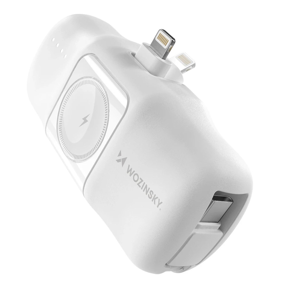 Wozinsky WF16-YLS 5000mAh 15W „Lightning“ mini išorinė baterija su įmontuotu USB-C kabeliu ir „Apple Watch“ įkrovikliu – baltos spalvos