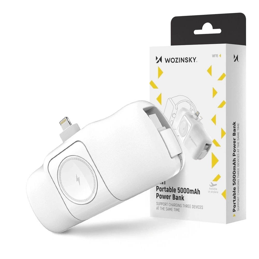 Wozinsky WF16-YLS 5000mAh 15W „Lightning“ mini išorinė baterija su įmontuotu USB-C kabeliu ir „Apple Watch“ įkrovikliu – baltos spalvos