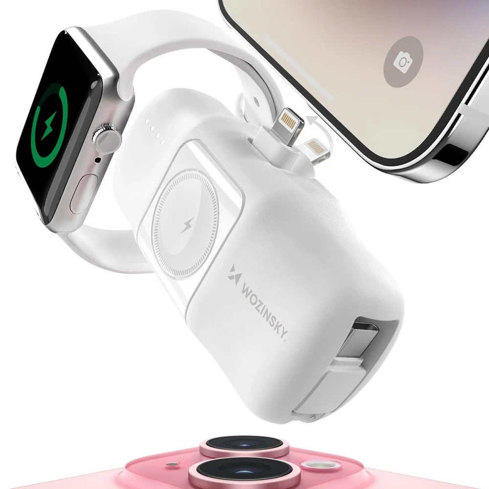 Wozinsky WF16-YLS 5000mAh 15W „Lightning“ mini išorinė baterija su įmontuotu USB-C kabeliu ir „Apple Watch“ įkrovikliu – baltos spalvos