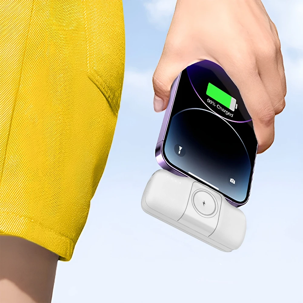 Wozinsky WF16-YLS 5000mAh 15W „Lightning“ mini išorinė baterija su įmontuotu USB-C kabeliu ir „Apple Watch“ įkrovikliu – baltos spalvos