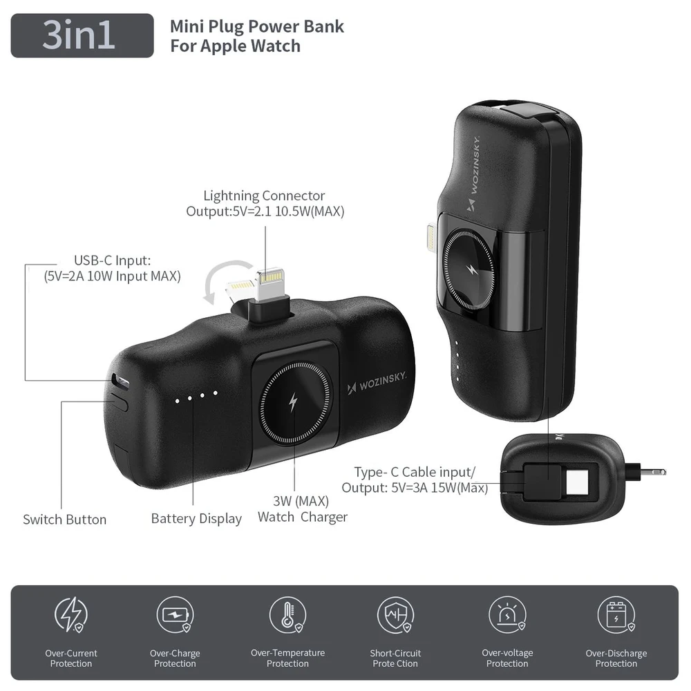 Išorinė baterija POWER BANK Wozinsky (WF16-YLS) lightning + Apple Watch Charger 5000mAh (20W) juoda