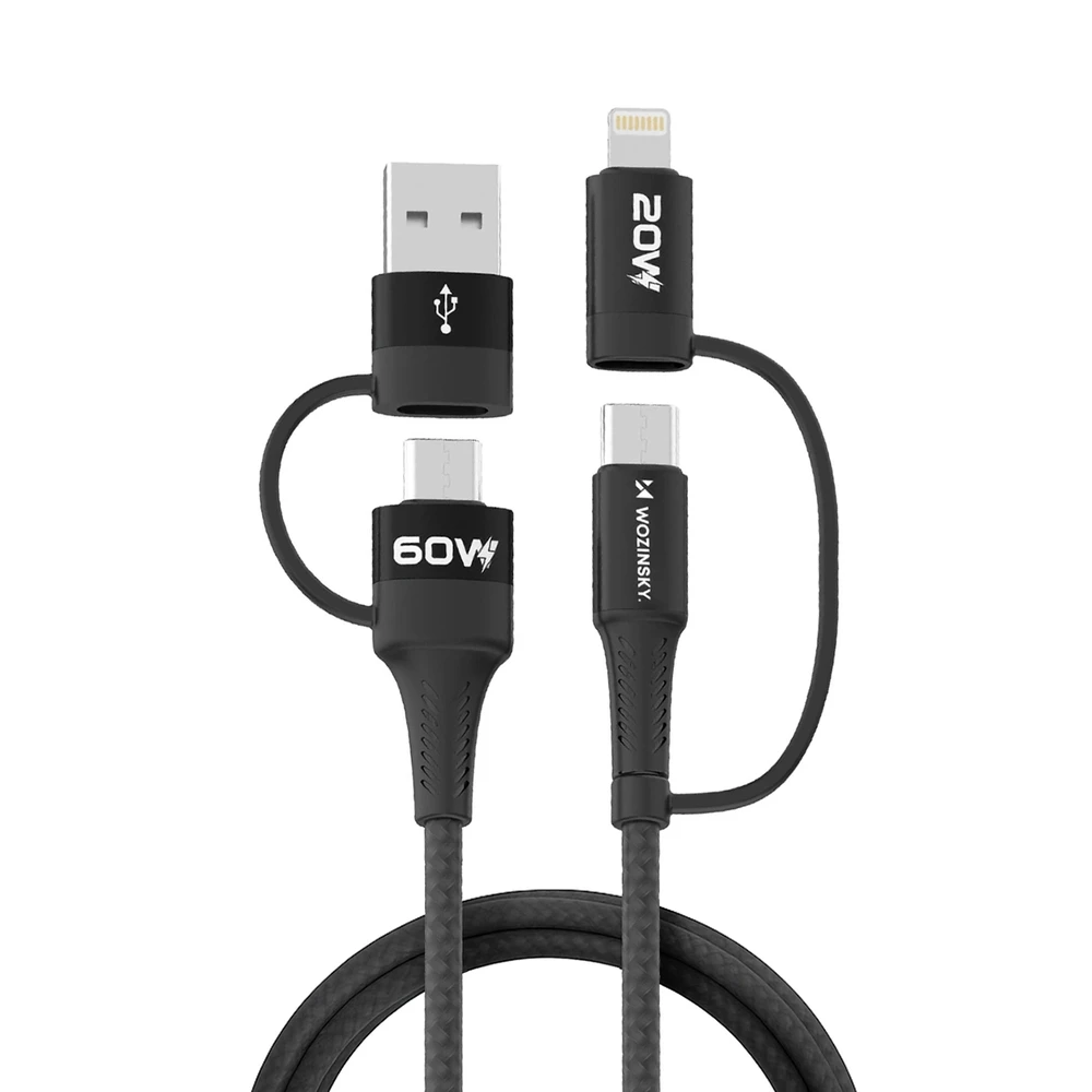 Wozinsky WNBAA 4in1 kabelis 2x USB-C 1x USB-A 1x Lightning 60W 1 m – juodos spalvos