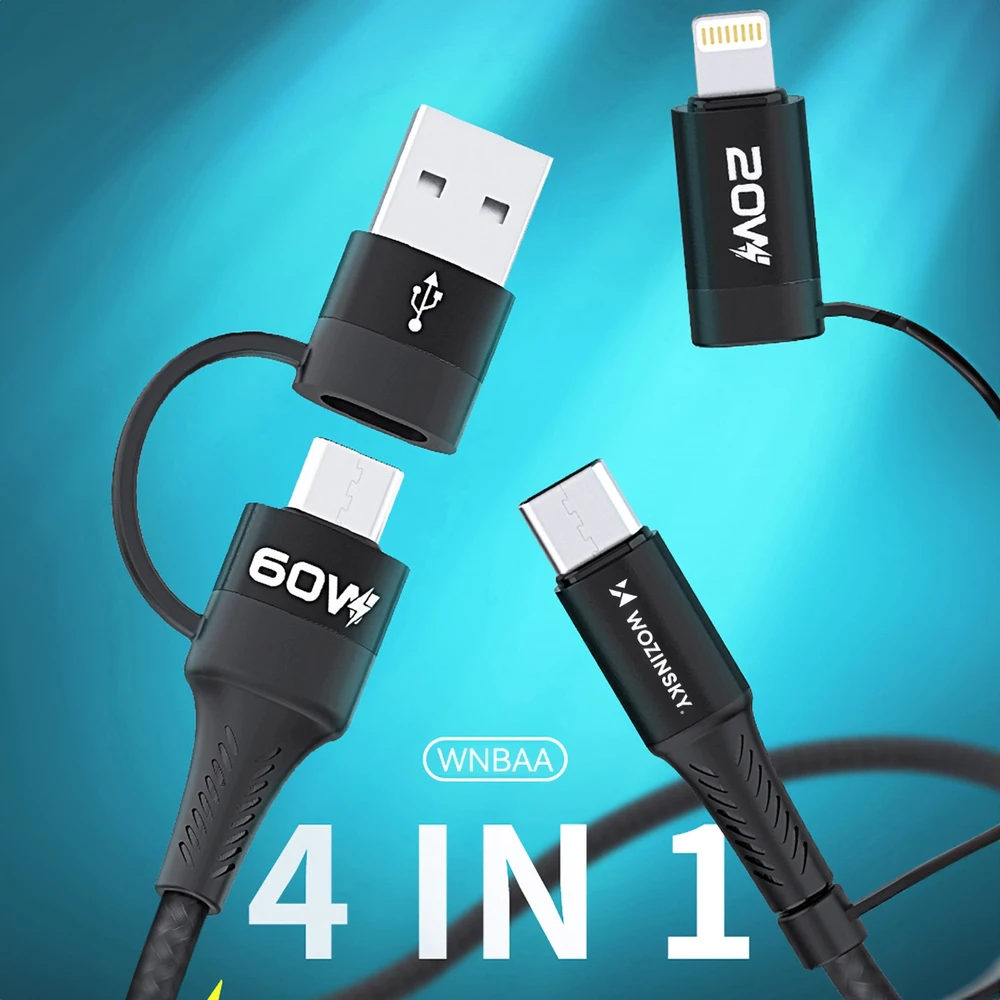 Wozinsky WNBAA 4in1 kabelis 2x USB-C 1x USB-A 1x Lightning 60W 1 m – juodos spalvos