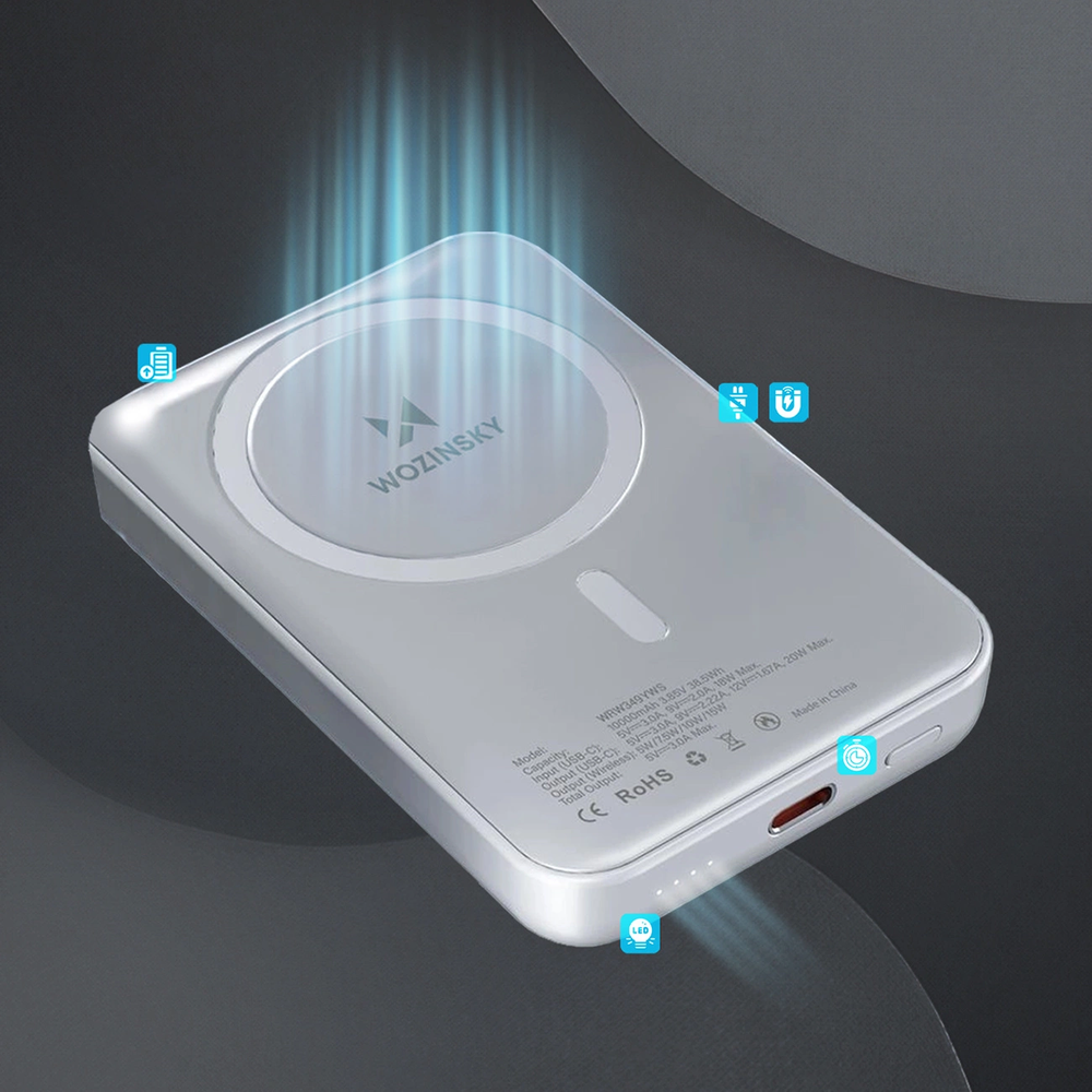 Wozinsky WRW349YWS 10000 mAh Magnetic Power Bank – baltos spalvos