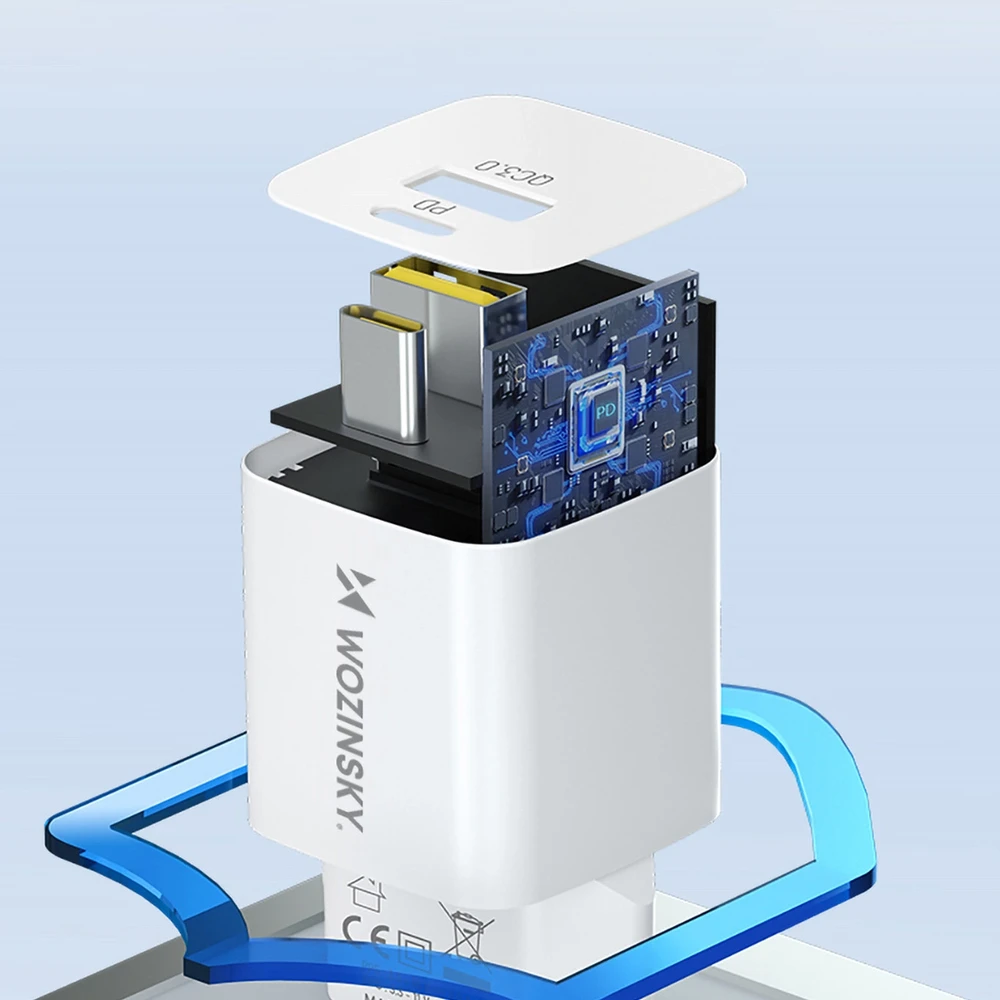 Wozinsky WWCEAC GaN USB-A USB-C 33W laidinis įkroviklis – baltos spalvos
