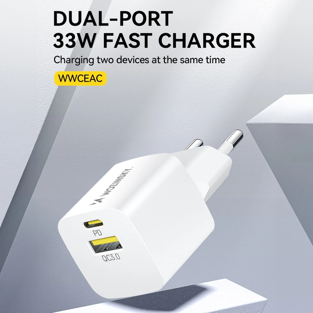 Wozinsky WWCEAC GaN USB-A USB-C 33W laidinis įkroviklis – baltos spalvos