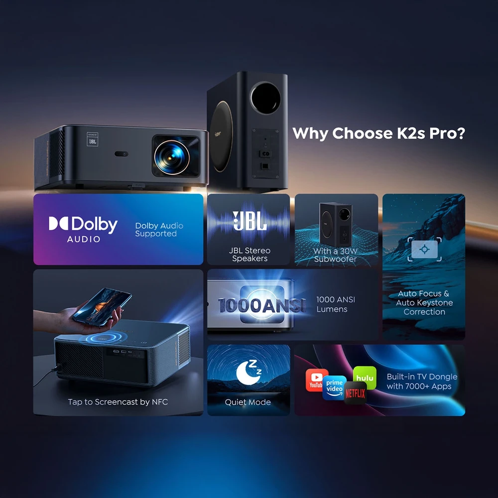 Yaber K2s Pro LCD FullHD 1080p Multimedia Projektorius su JBL kolonėlėmis and Subwoofer – juodos spalvos