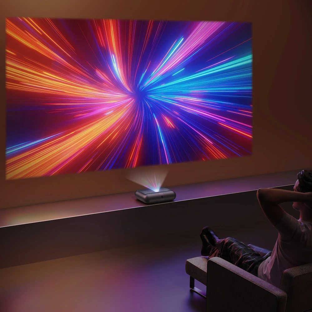 „Yaber K300s“ – išmanusis lazerinis projektorius namų kinui su „Google TV“, „JBL Sound“, itin trumpu projekcijos kampu, juodas