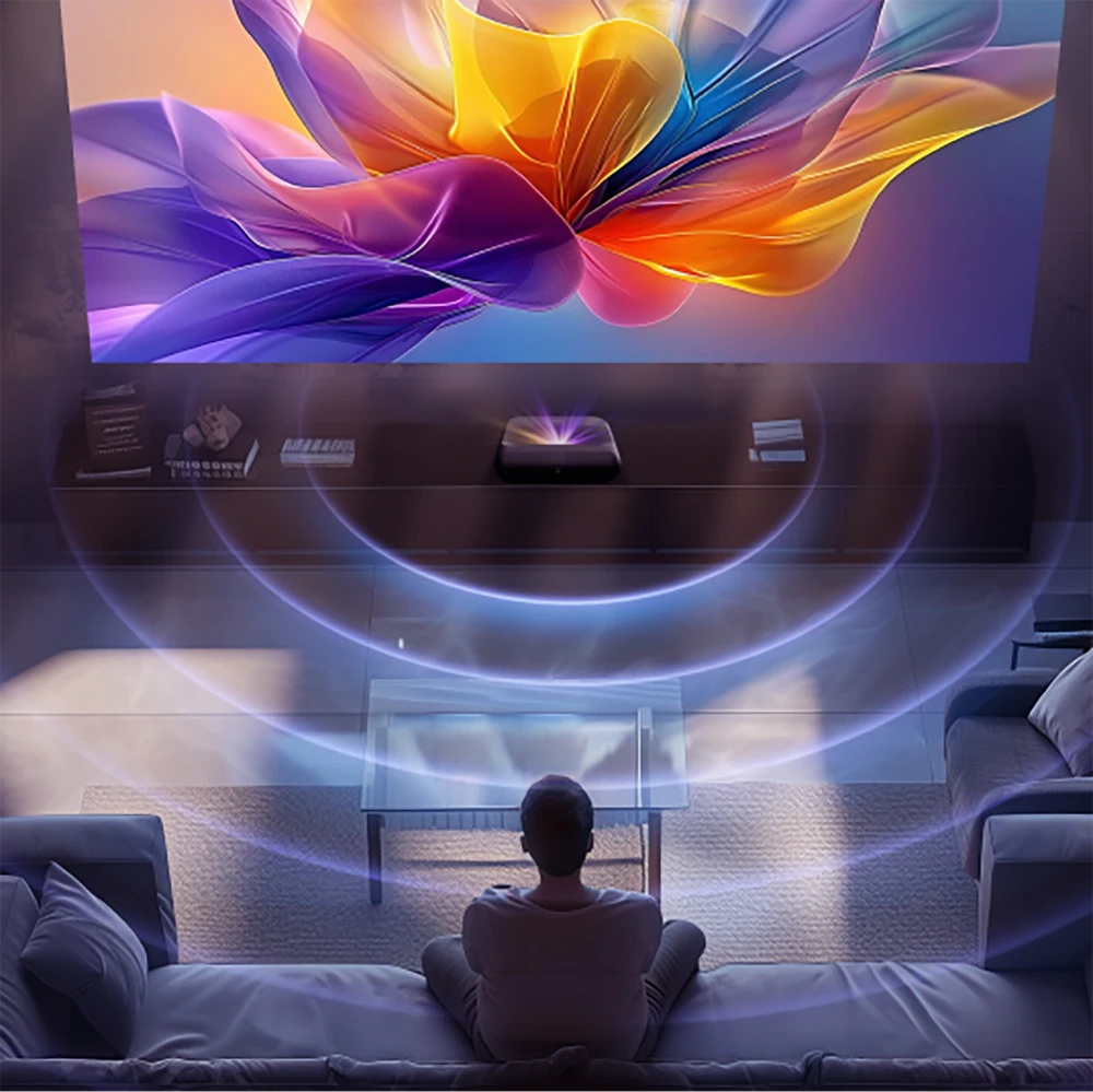 „Yaber K300s“ – išmanusis lazerinis projektorius namų kinui su „Google TV“, „JBL Sound“, itin trumpu projekcijos kampu, juodas