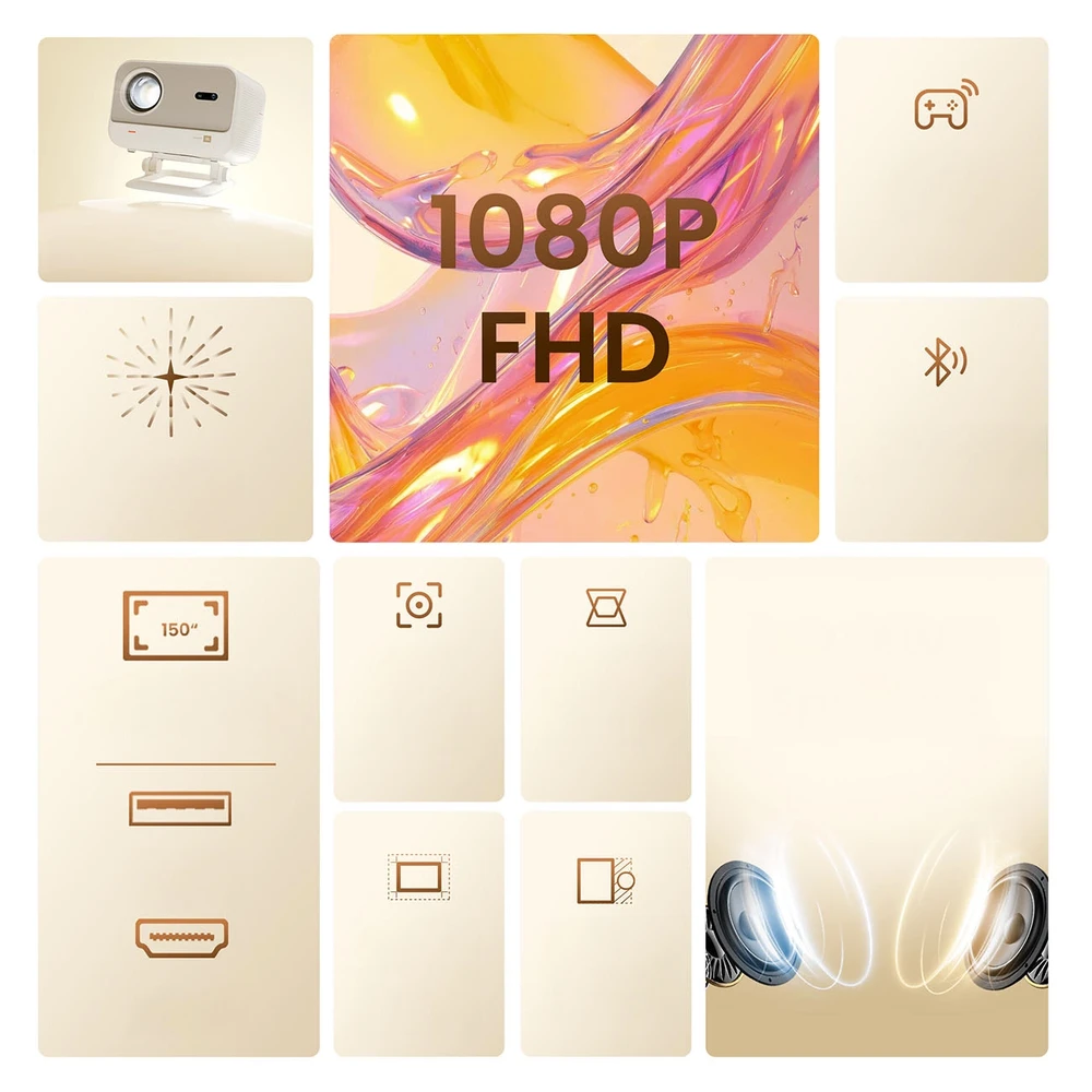 Yaber L2 Plus LCD FullHD 1080p Multimedia Projektorius su JBL kolonėlėmis – gelsvas