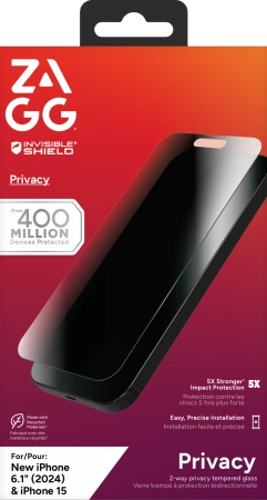 „ZAGG InvisibleShield Glass Elite“ privatumas, skirtas „iPhone 15/16“.
