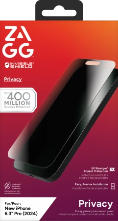 „ZAGG InvisibleShield Glass Elite“ privatumas, skirtas „iPhone 16 Pro“.