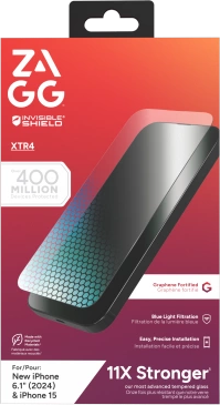 ZAGG InvisibleShield Glass XTR4 apsauginis stiklas su grafenu ir mėlynos šviesos filtru, skirtas iPhone 15/16