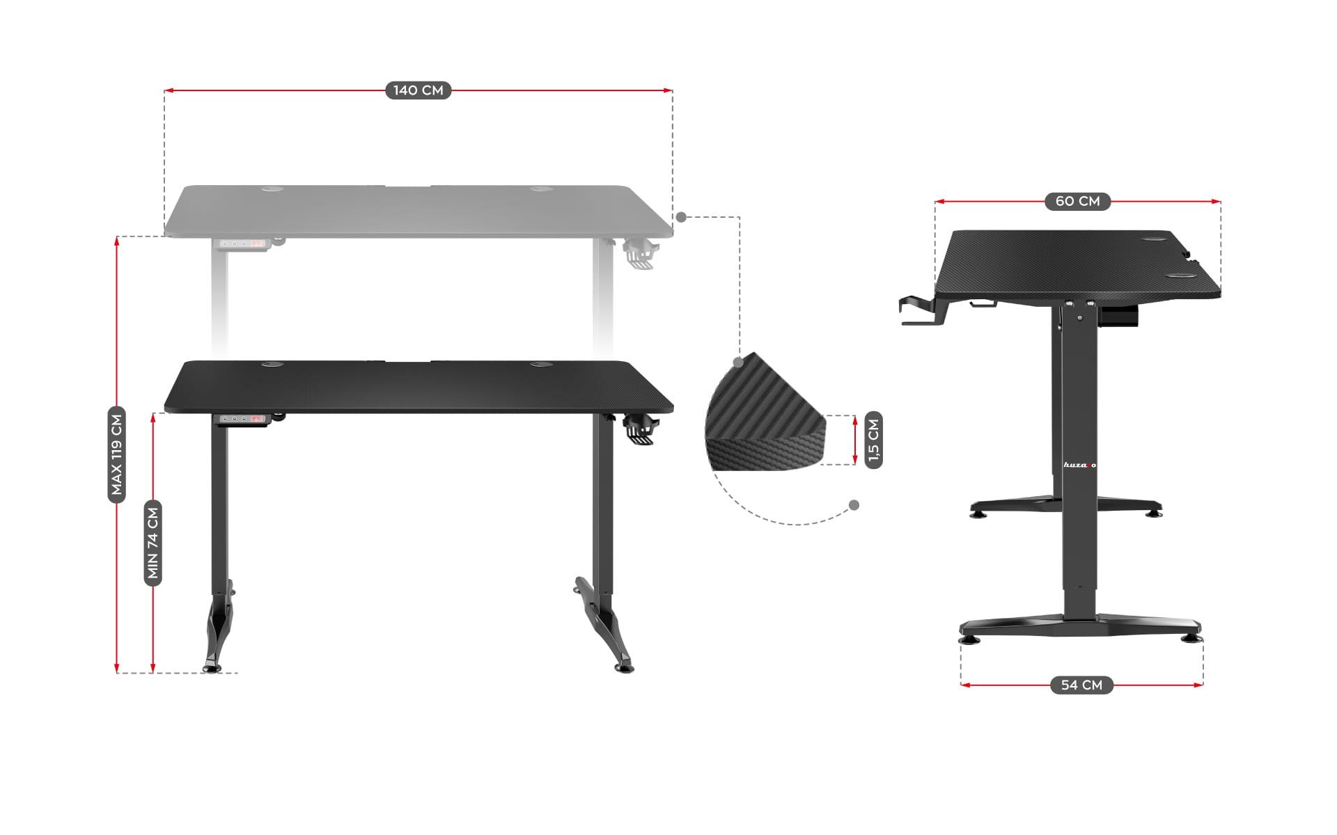 Žaidimų stalas Huzaro Hero 8.5 Gaming Desk, Motorizuotas, Reguliuojamo aukščio 740-1190mm, Juodos spalvos