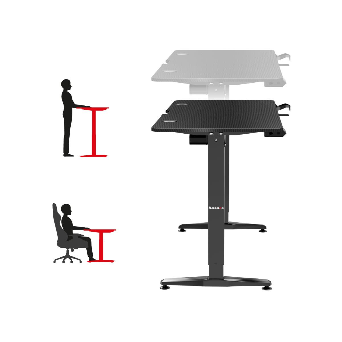 Žaidimų stalas Huzaro Hero 8.5 Gaming Desk, Motorizuotas, Reguliuojamo aukščio 740-1190mm, Juodos spalvos