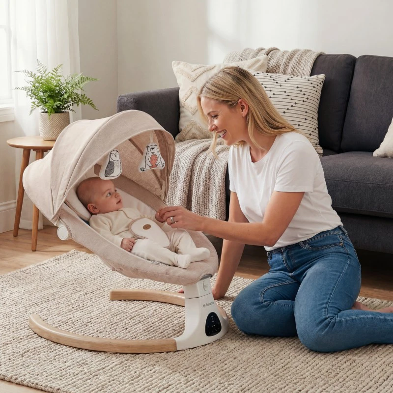 TULANO smėlio spalvos elektrinė supama kėdutė kūdikiams, bluetooth muzika