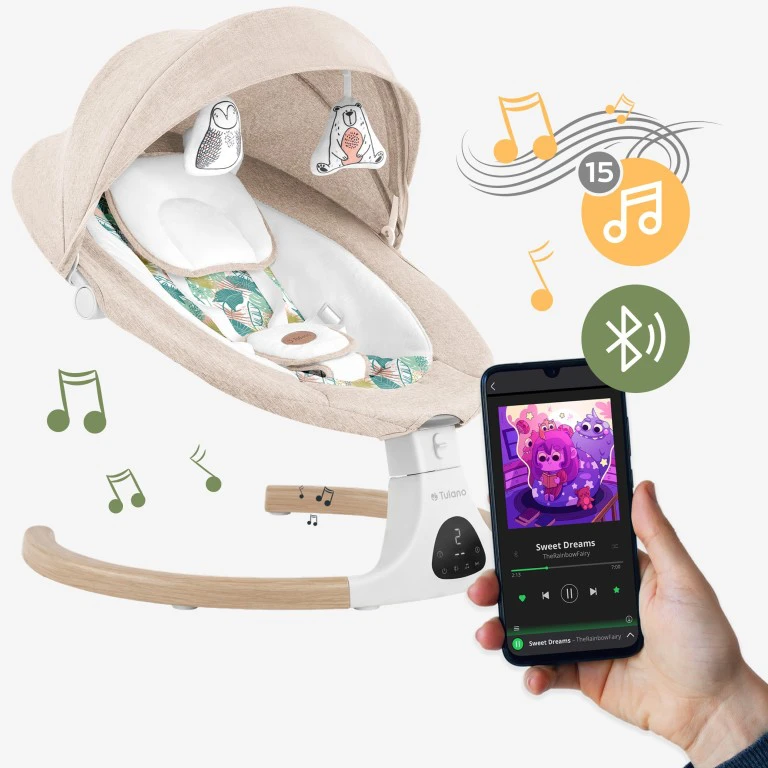TULANO smėlio spalvos elektrinė supama kėdutė kūdikiams, bluetooth muzika