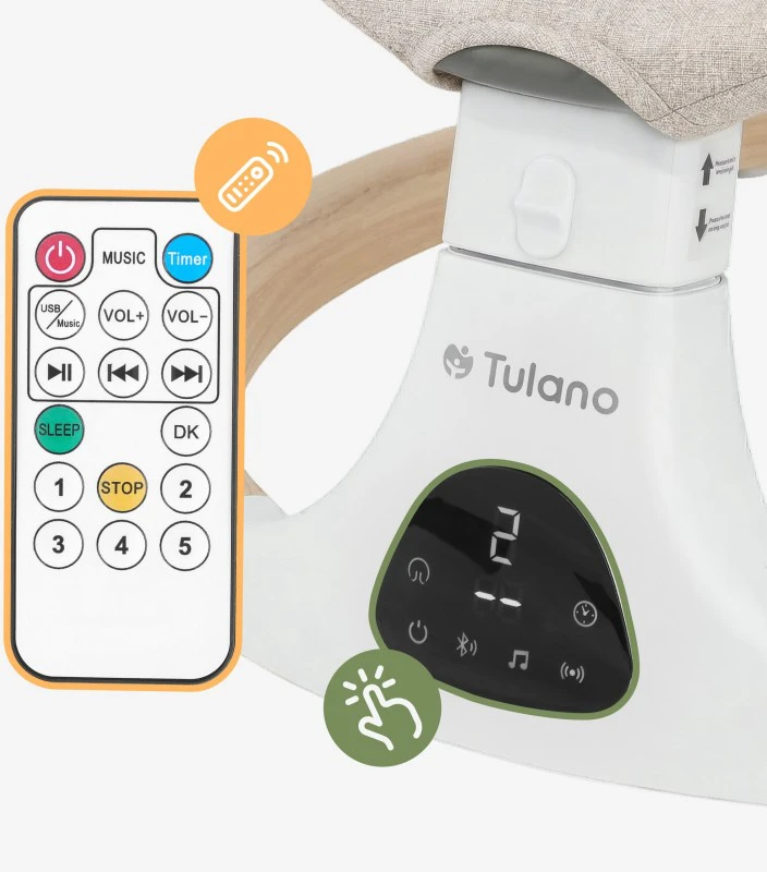 TULANO smėlio spalvos elektrinė supama kėdutė kūdikiams, bluetooth muzika