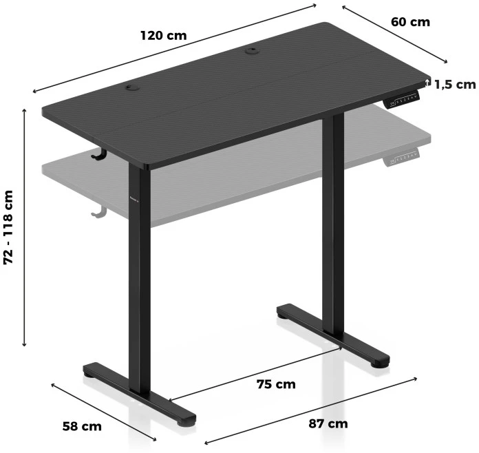 Hero 8.1 Juodas electric gaming desk