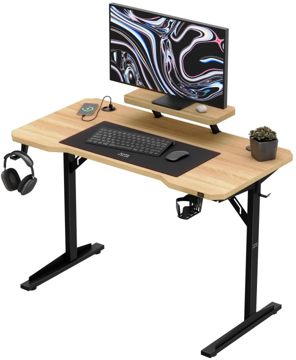 Costway Leader 5.1 ąžuolo spalvos 115 cm kompiuterio stalas su lentyna