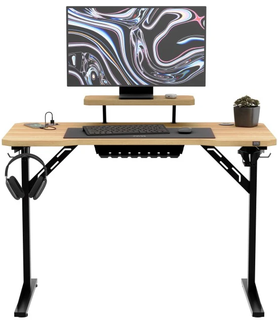 Costway Leader 5.1 ąžuolo spalvos 115 cm kompiuterio stalas su lentyna