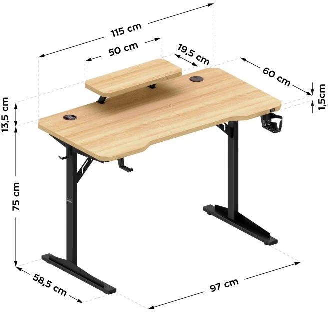Costway Leader 5.1 ąžuolo spalvos 115 cm kompiuterio stalas su lentyna
