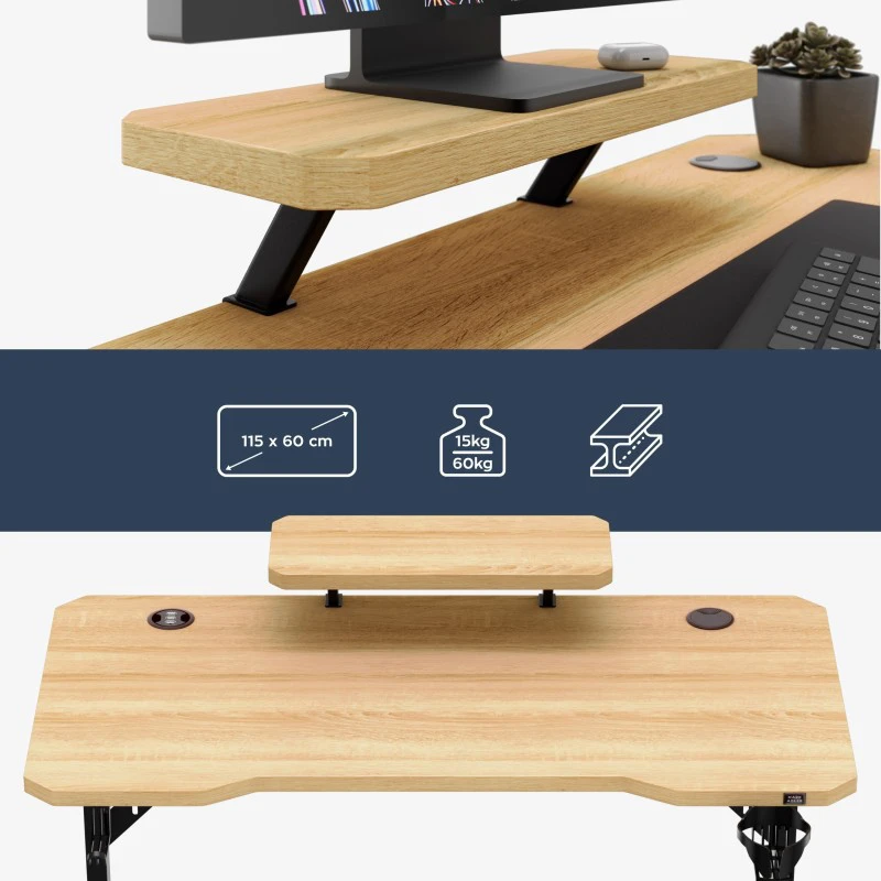 Costway Leader 5.1 ąžuolo spalvos 115 cm kompiuterio stalas su lentyna