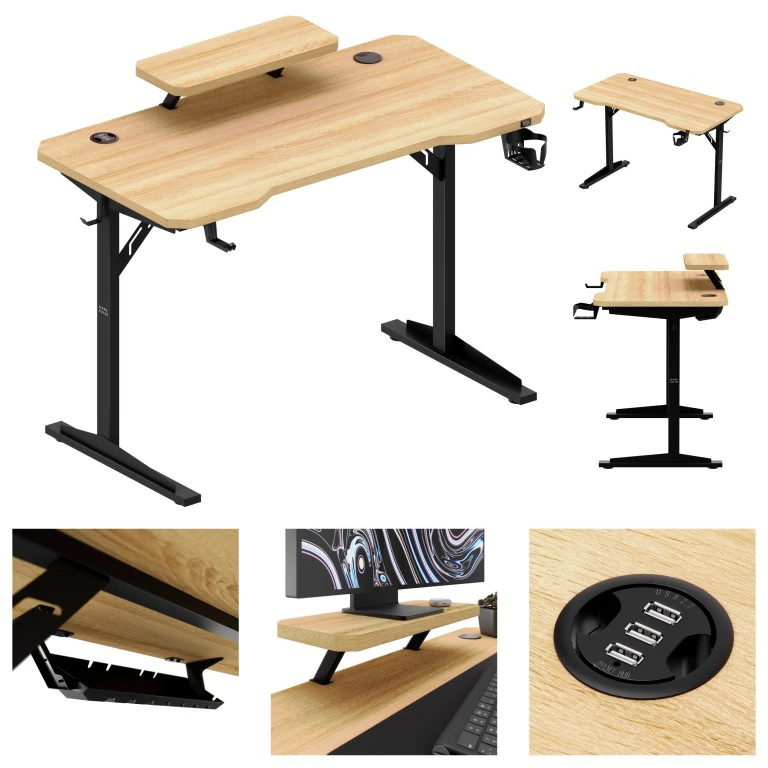 Costway Leader 5.1 ąžuolo spalvos 115 cm kompiuterio stalas su lentyna