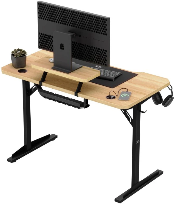 Costway Leader 5.1 ąžuolo spalvos 115 cm kompiuterio stalas su lentyna