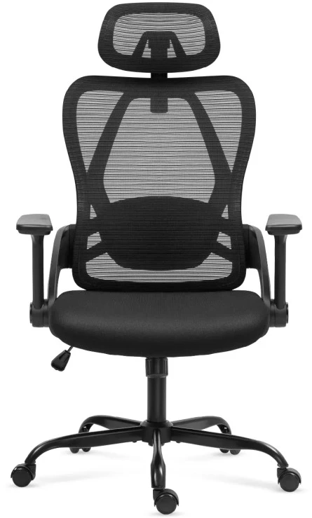 Juoda ergonomiška kėdė su tinkliniu atlošu ir galvos atrama