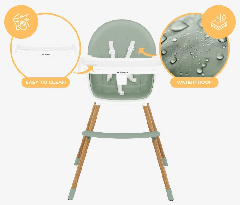 TULANO sulankstoma maitinimo kėdutė, medinė, žalia, 2in1, 25kg, 6 mėn-6 metai
