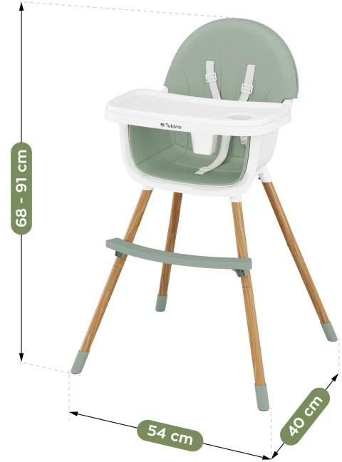 TULANO sulankstoma maitinimo kėdutė, medinė, žalia, 2in1, 25kg, 6 mėn-6 metai
