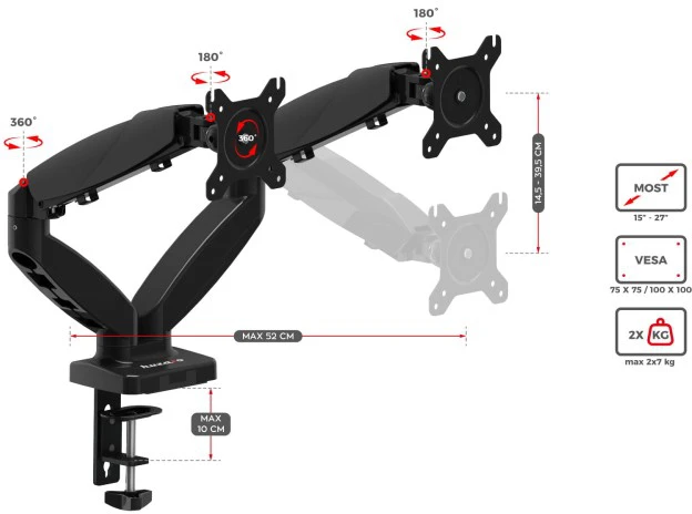 "Huzaro Motion 2.2" pasukamas laikiklis dviem monitoriams