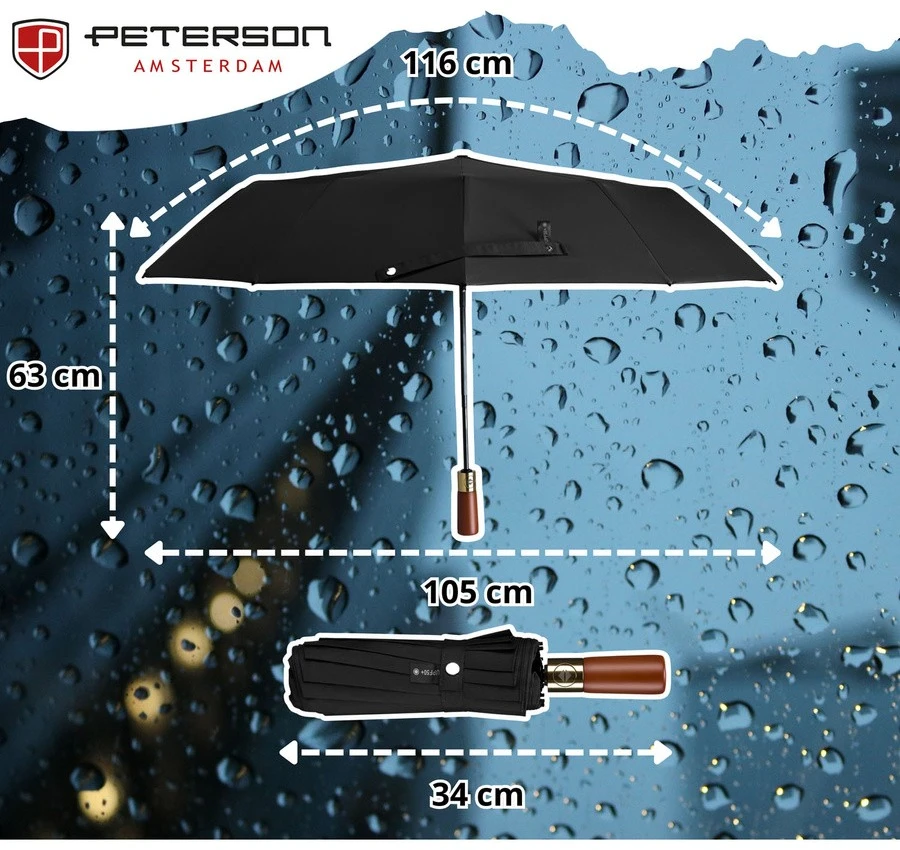 Moteriškas didelis skėtis PETERSON 6089, juodas, pilnai automatinis