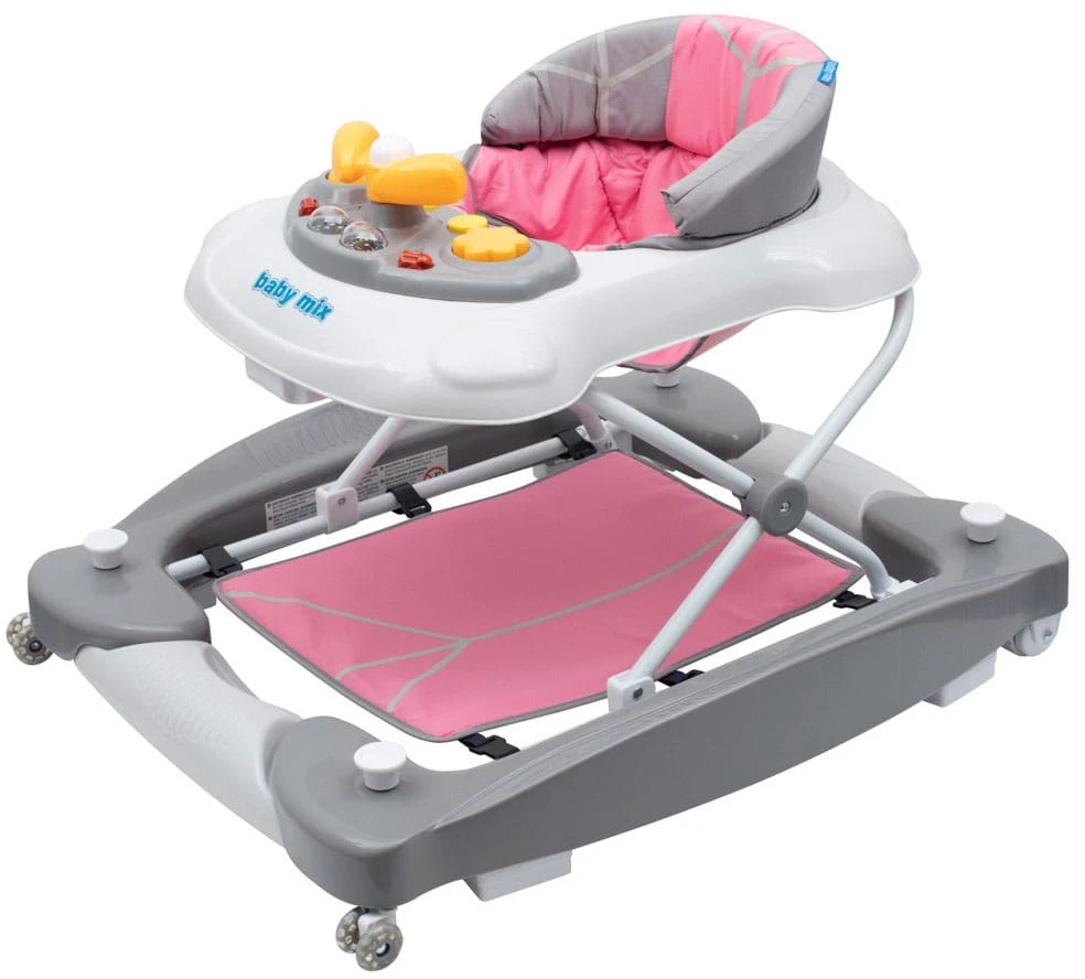 Vaikštynė su sūpynėmis ir silikoniniais ratukais Baby Mix rožinė
