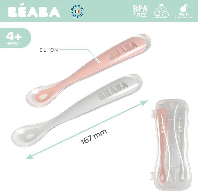 BEABA PRADINIO MAITINIMO SILIKONINIŲ 2 VNT.ŠAUKŠTELIŲ RINKINYS SU DĖŽUTE, COTTON CANDY/SORBET DUO