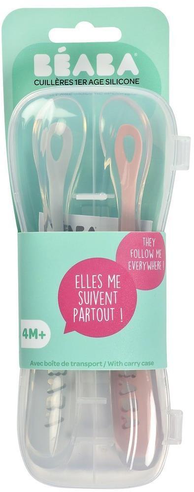 BEABA PRADINIO MAITINIMO SILIKONINIŲ 2 VNT.ŠAUKŠTELIŲ RINKINYS SU DĖŽUTE, COTTON CANDY/SORBET DUO
